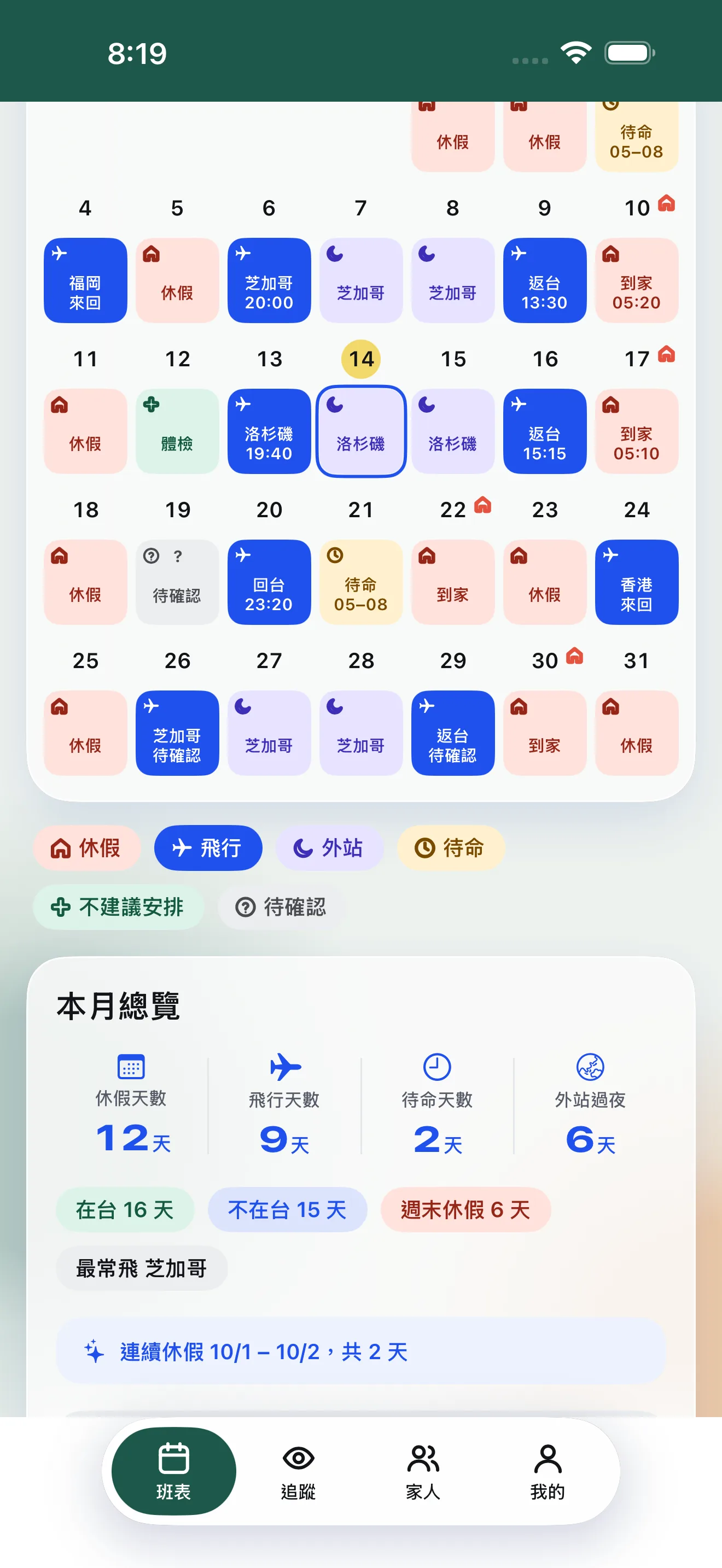 飛伴 iPhone 模擬器的組員月曆，顯示存檔後可抽查的勤務日期
