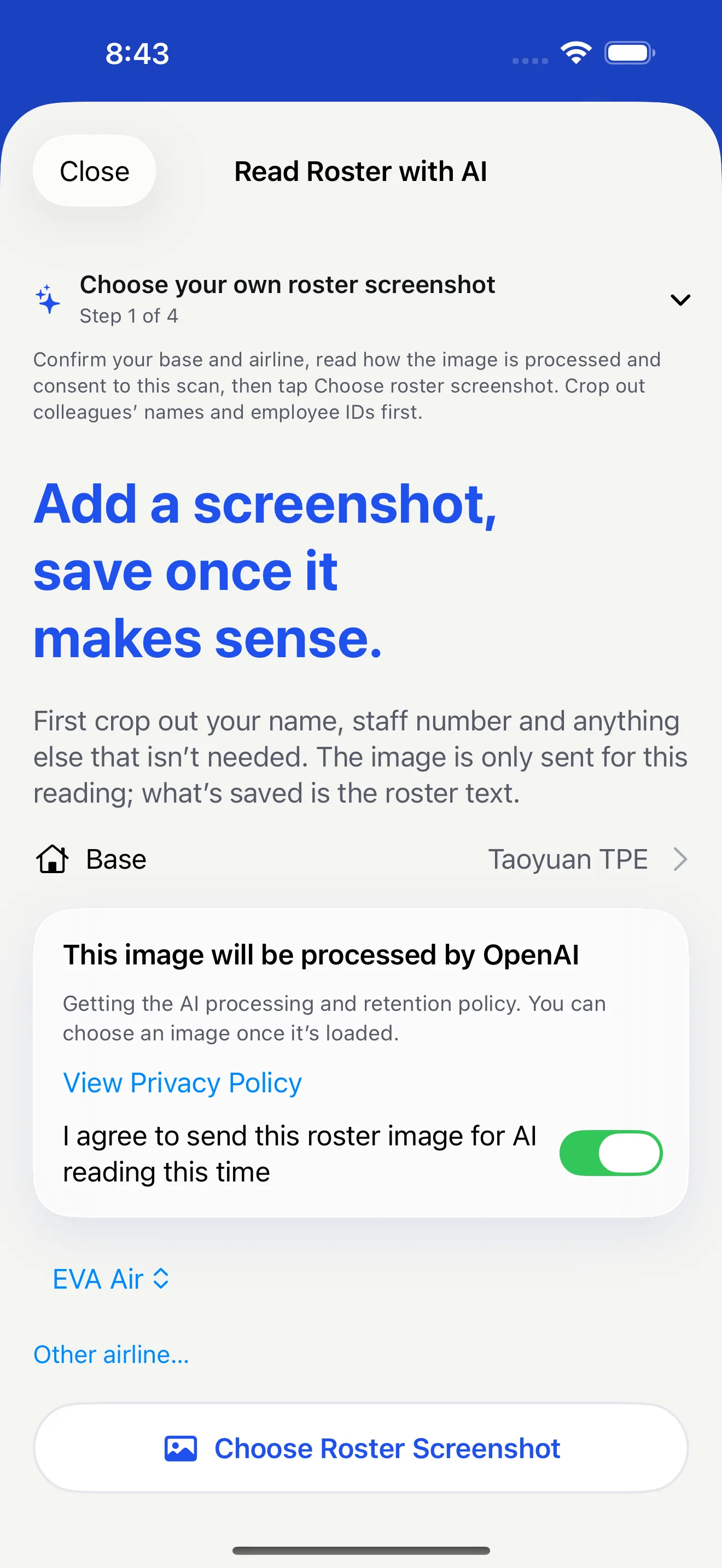 Feiban iPhone simulator AI upload page after home base confirmation and image handling consent, with roster image picker enabled