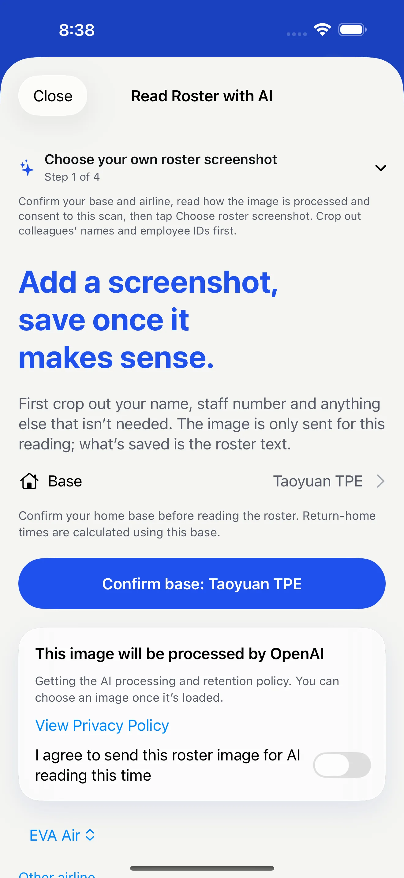Feiban iPhone simulator AI upload page showing home base confirmation and image consent controls