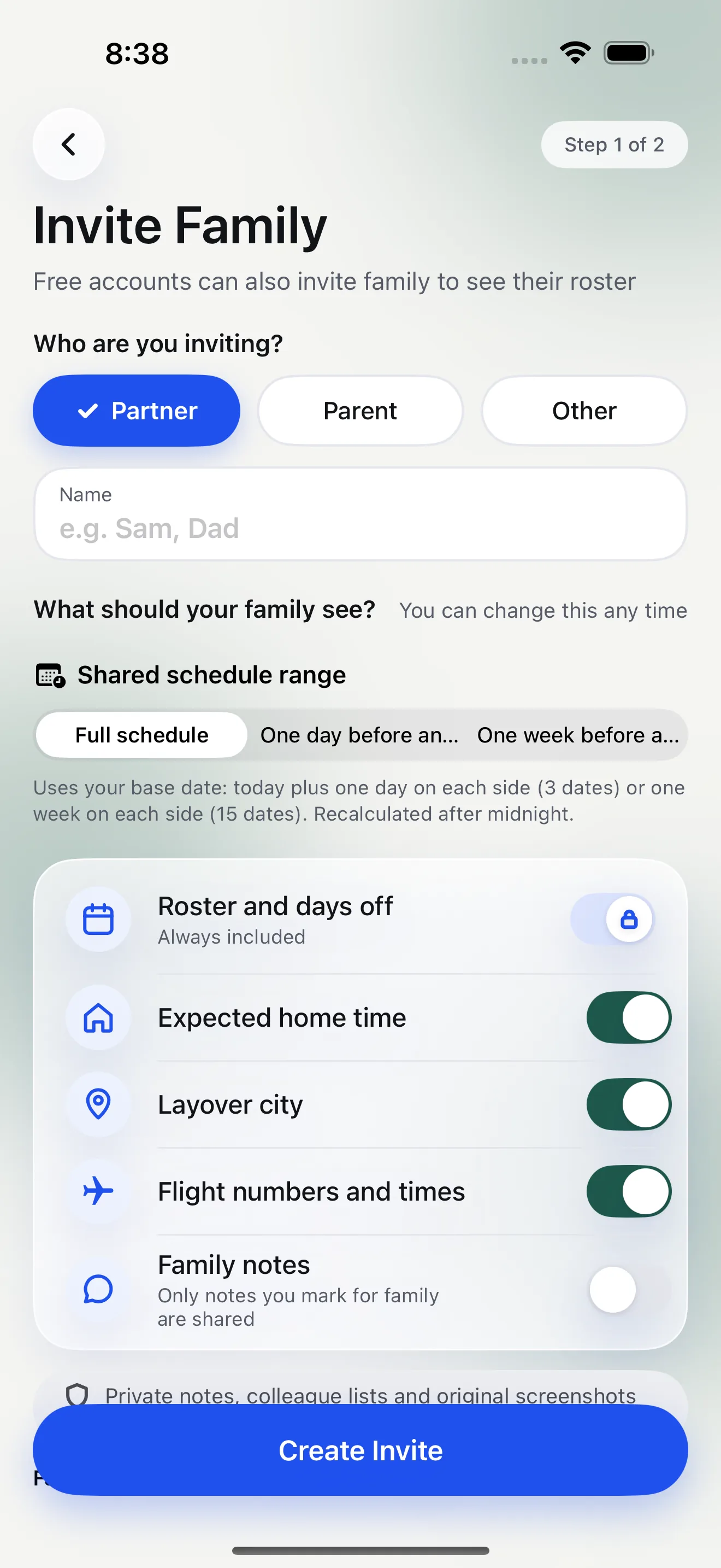 Feiban iPhone simulator family invite screen showing relationship, label and visible-detail controls