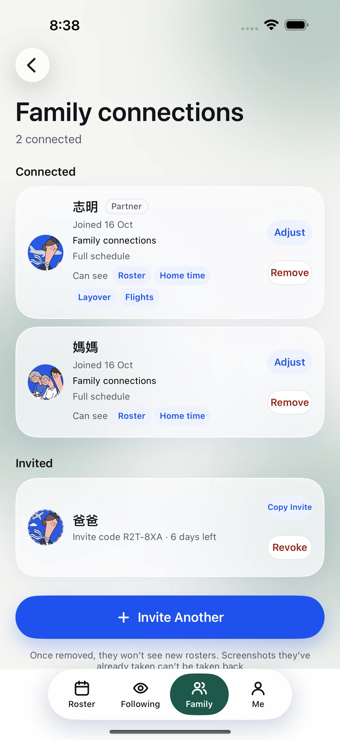 Feiban iPhone simulator family connections management showing linked relatives, pending invites and revoke controls