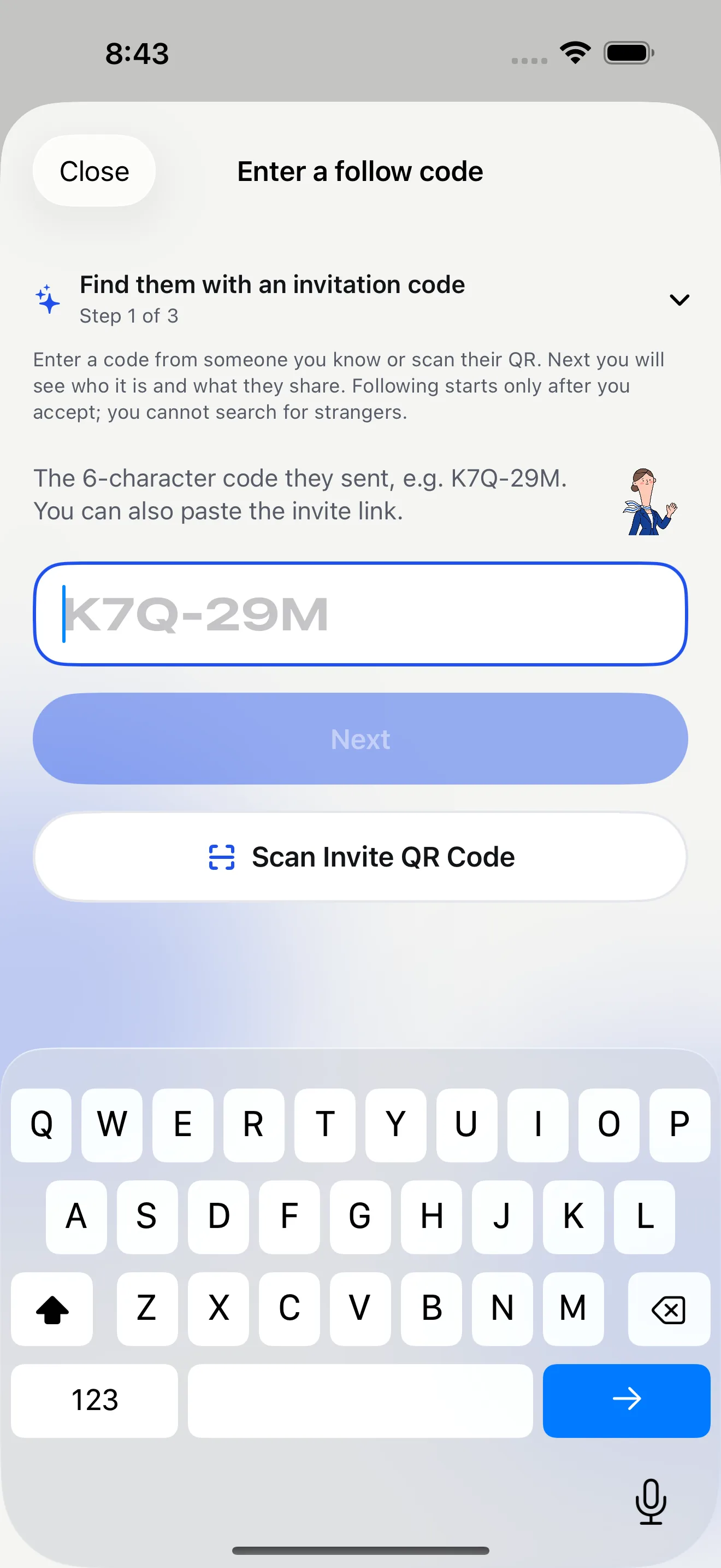 Feiban iPhone simulator Enter follow code sheet showing the code field, next step and QR scan option