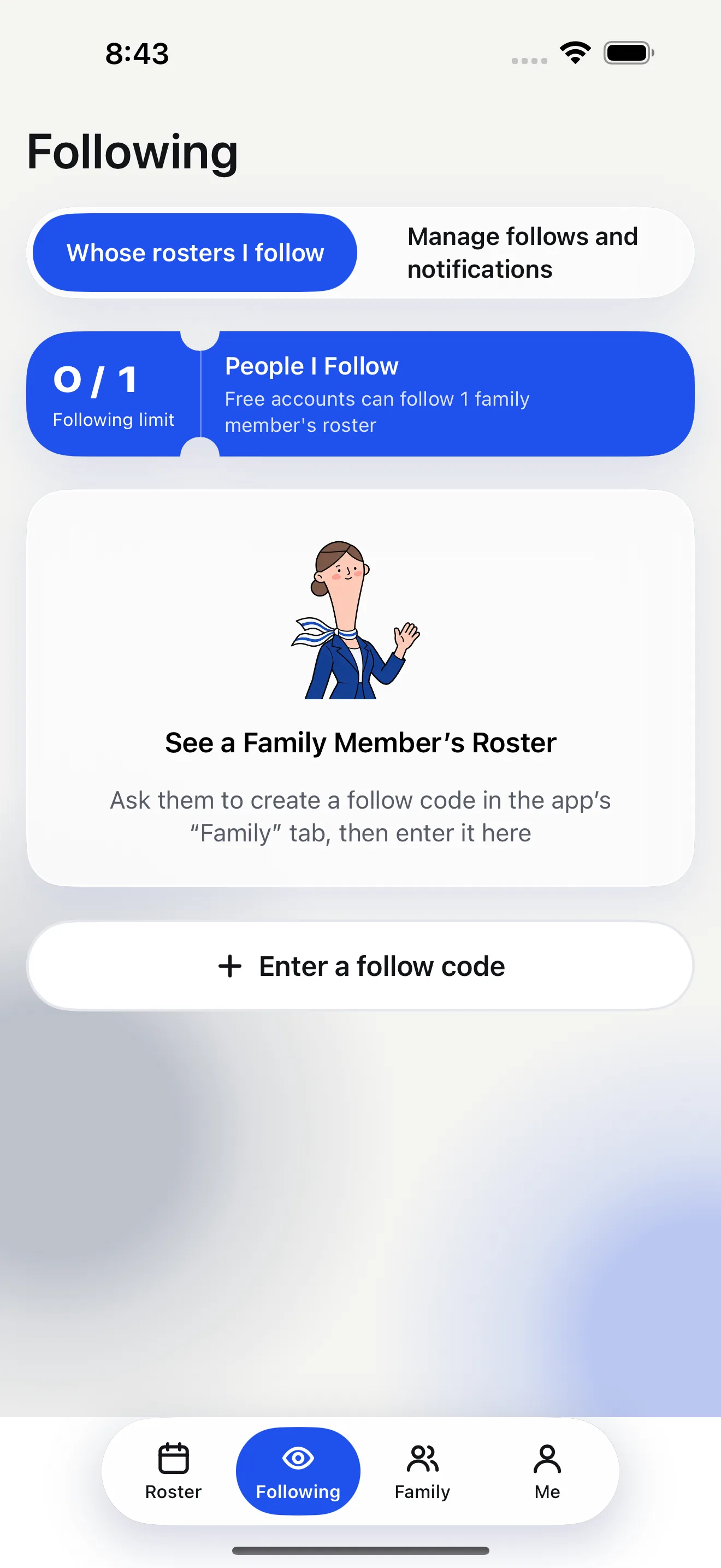 Feiban iPhone simulator Following tab showing where a family member enters a follow code