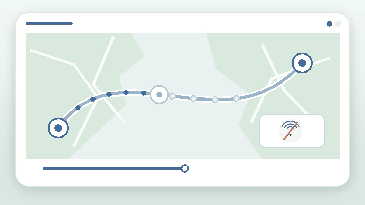A route links two airports while a position dot fades, showing that a drawn line is not a received aircraft position