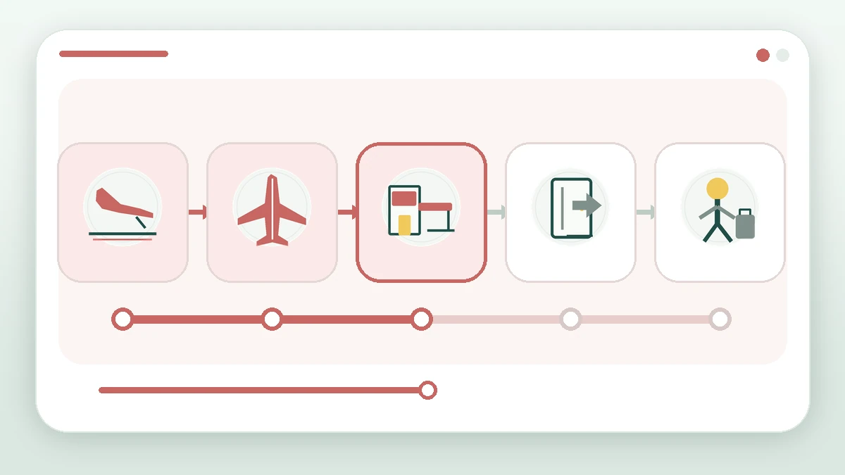 Five illustrated stages show landing, taxiing, parking, disembarkation and a crew member leaving the airport