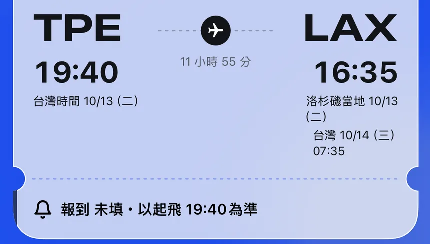 登機證票卡局部：TPE 19:40 起飛、LAX 當地 16:35 抵達，旁邊標出台灣時間