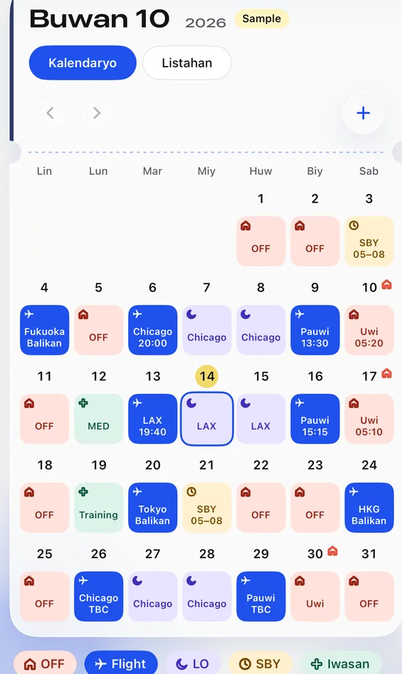 Kalendaryo ng Feiban: roster ng Oktubre na may kulay para sa day off, flight, layover at standby